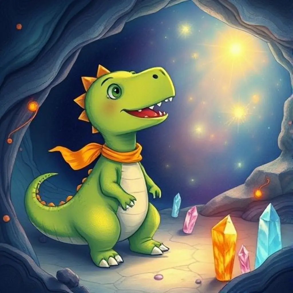 Dino ruge y todos los cristales brillan mientras Luci, una luciérnaga, los mira asombrada.