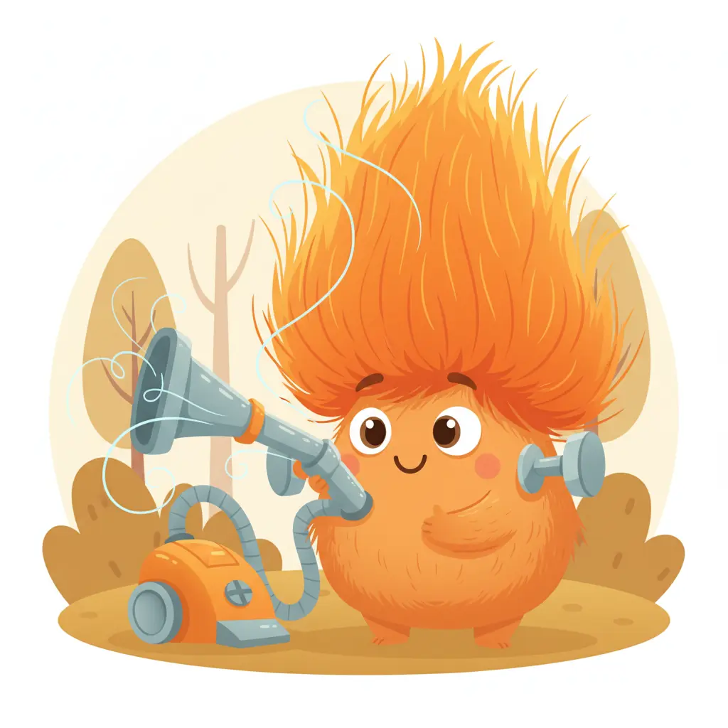 Franki intenta peinarse con una aspiradora, pero su pelo se vuelve aún más grande y despeinado, creando una escena cómica.