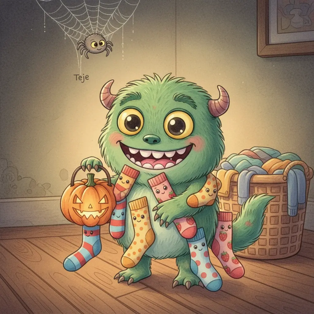 Peludín está enredado en un montón de calcetines de colores que lo abrazan con entusiasmo, mientras Teje, una pequeña araña, se descuelga de su telaraña con una mirada ingeniosa.