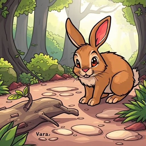 Una ramita llamada Vara en el suelo del bosque, con un conejito curioso acercándose.