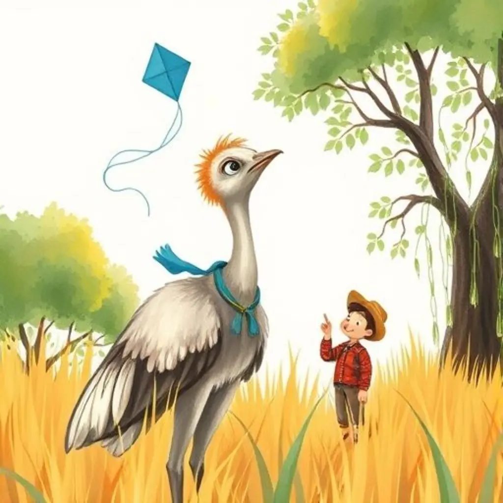 Patilargo, el ñandú, estira su cuello por completo y encuentra el barrilete azul.