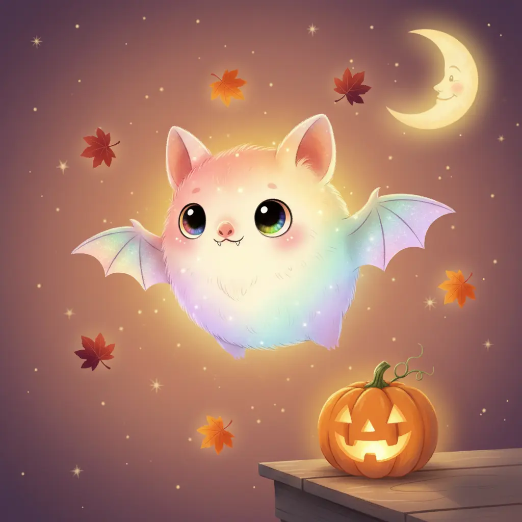 Melo, el murciélago, volando con sus ojos curiosos en una noche de Halloween.
