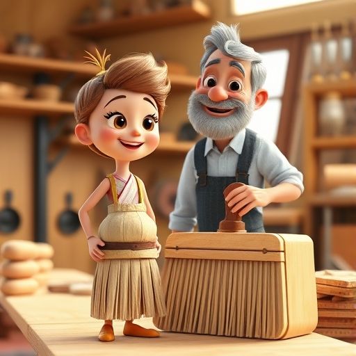 Cleta la escoba, orgullosa y feliz, junto a una maqueta de madera limpia, con Don Ramón sonriéndole.