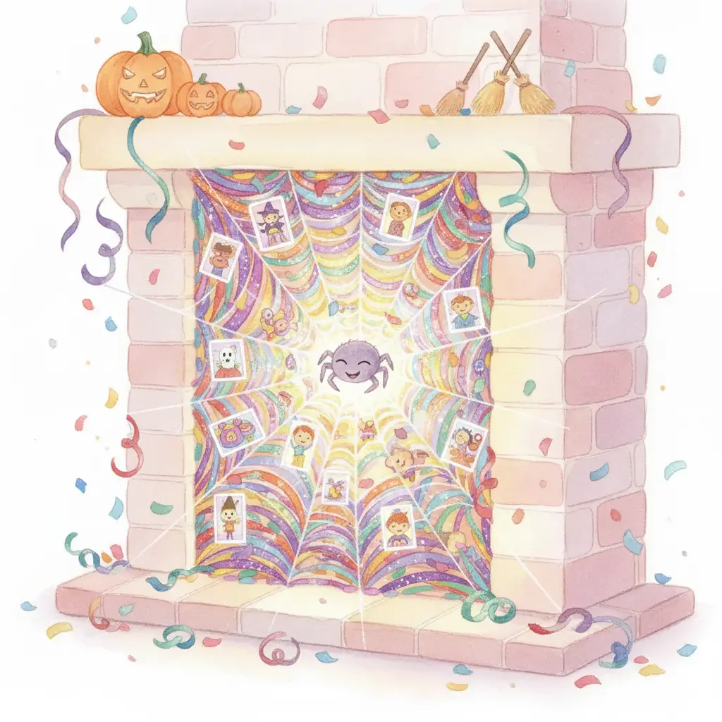 La telaraña de Teo se ha convertido en un tapiz multicolor y brillante, lleno de la alegría de Halloween.