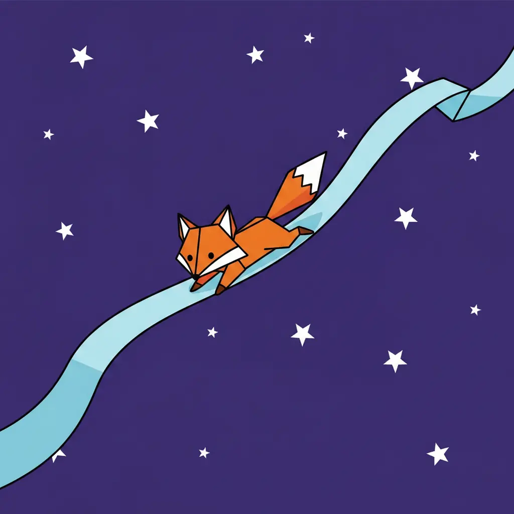 El zorro de papel deslizándose por una cinta de seda azul.