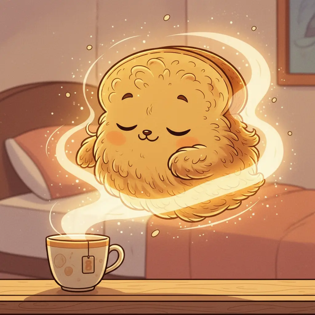 Tostín, con una sonrisa serena, se mezcla suavemente con el vapor de una taza de té.