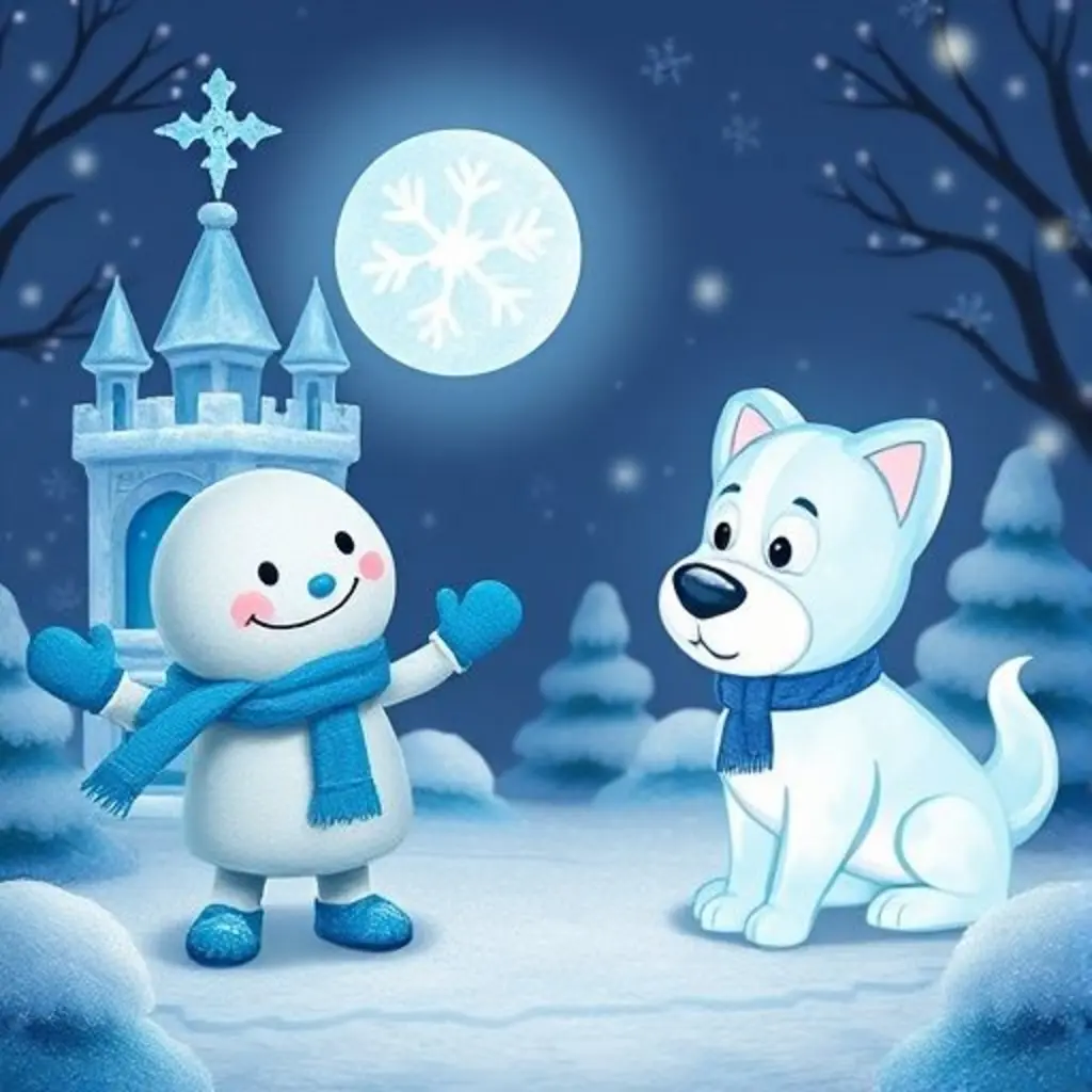 Copito, el copo de nieve, conecta un castillo de hielo azul y un perrito de hielo blanco con su luz.