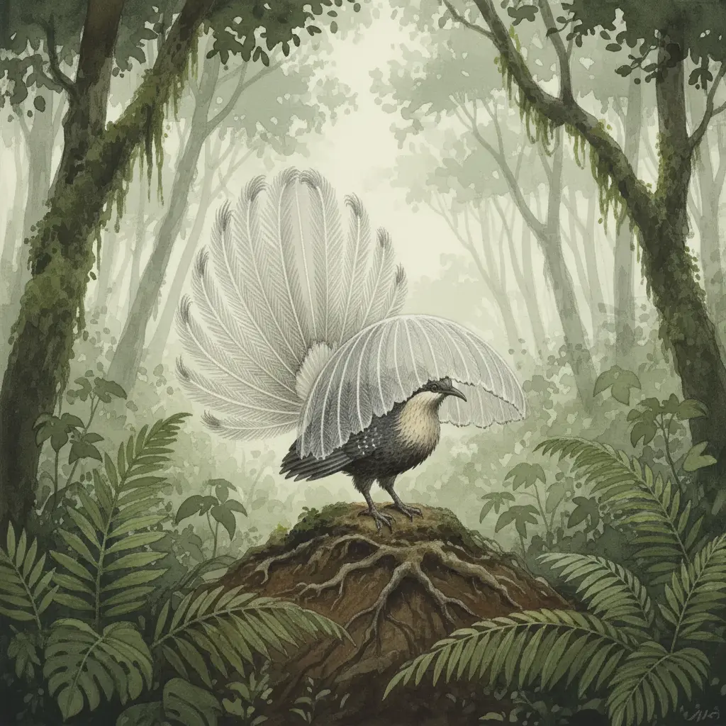 El ave lira desplegando sus plumas plateadas sobre su cabeza como un abanico transparente.