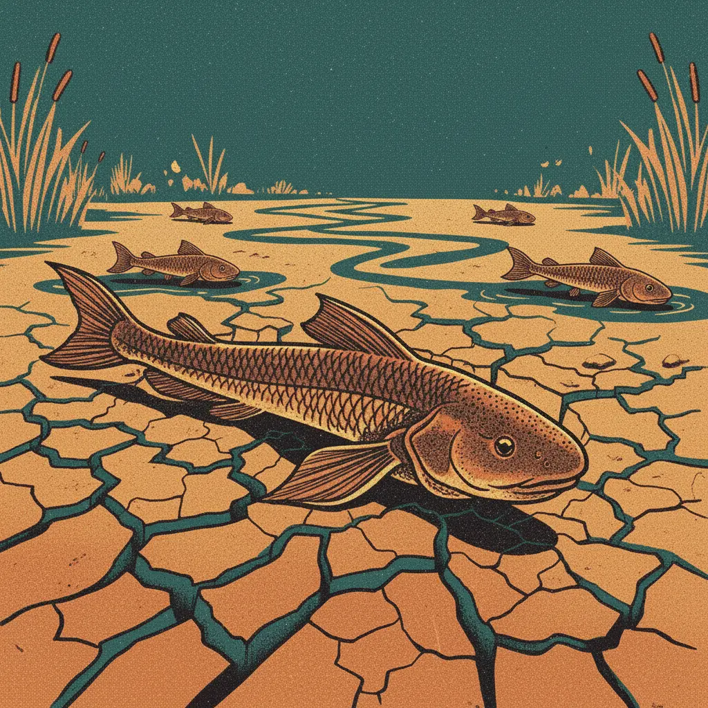 Un pez alargado asoma la cabeza en un charco de lodo bajo un sol brillante.