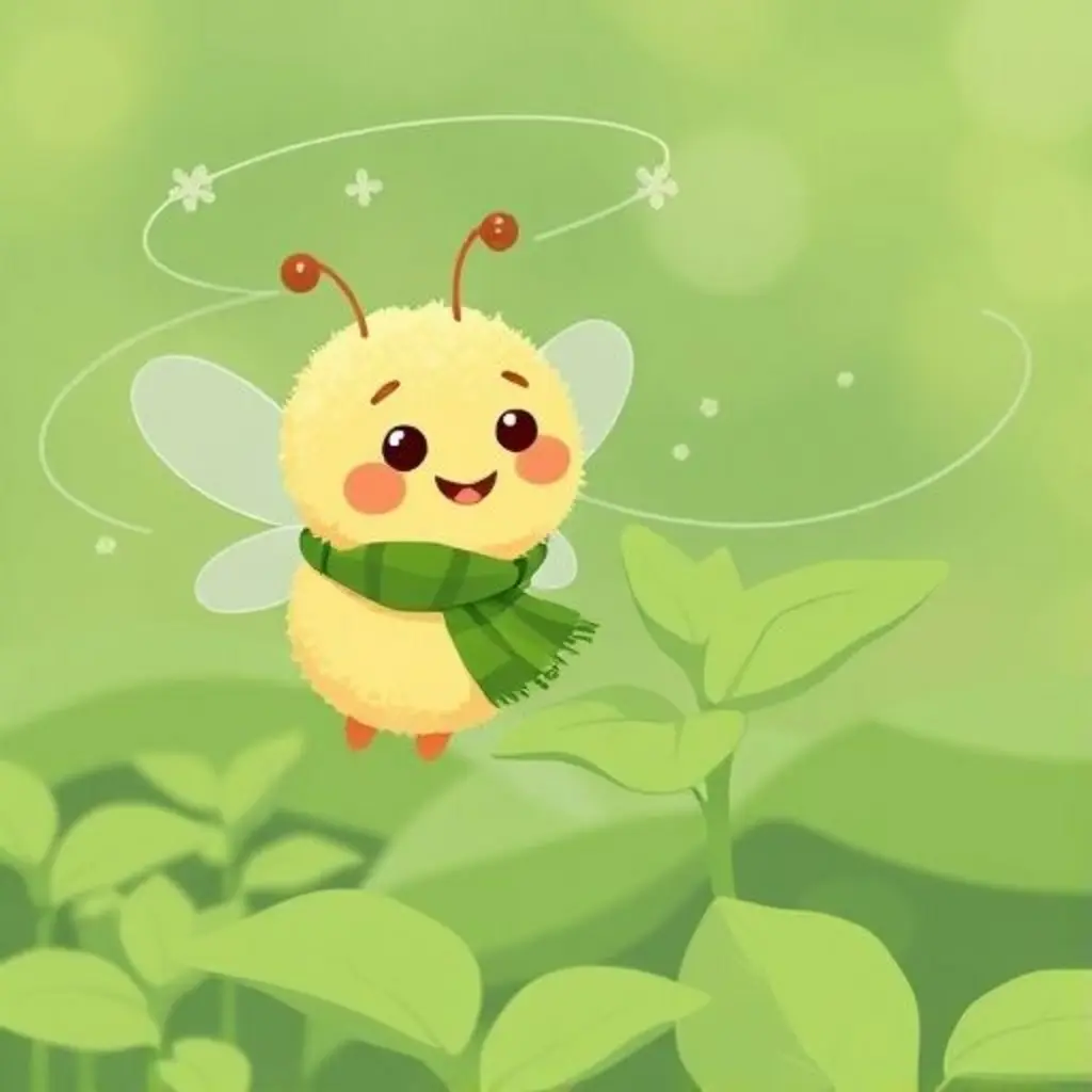 Blip, un pequeño ser volador, explora una hoja de menta en el huerto escolar.