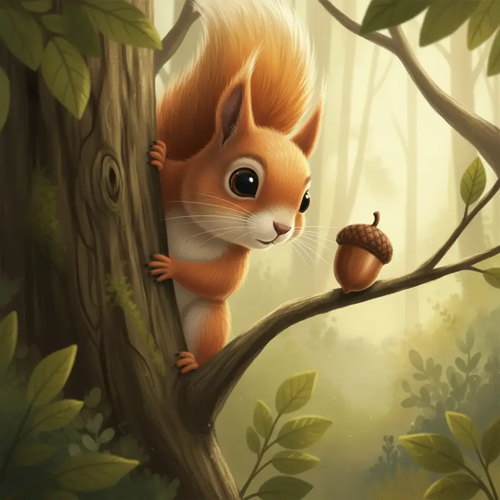 Cola Rizada ha encontrado una bellota en una rama.