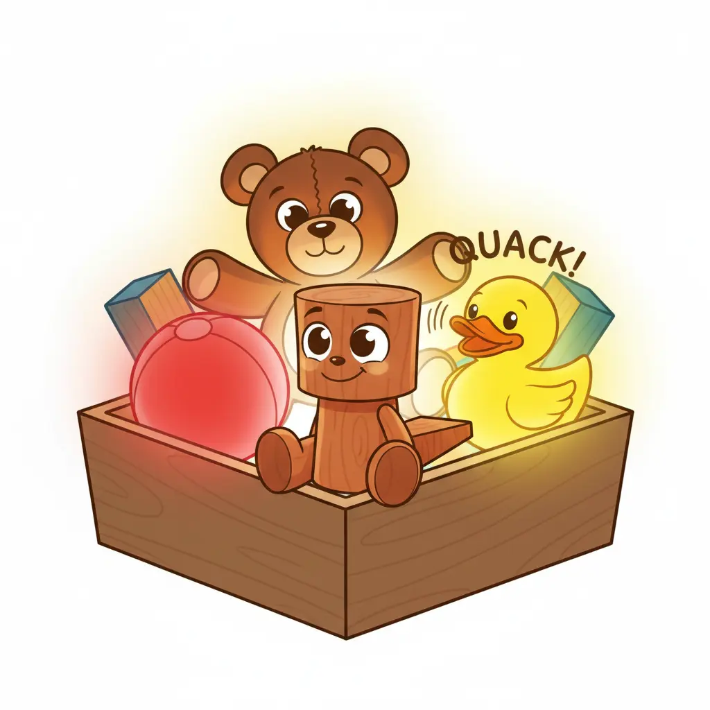 Pío, el osito brillante y el patito amarillo feliz, llenan la caja de juguetes de luz y alegría.