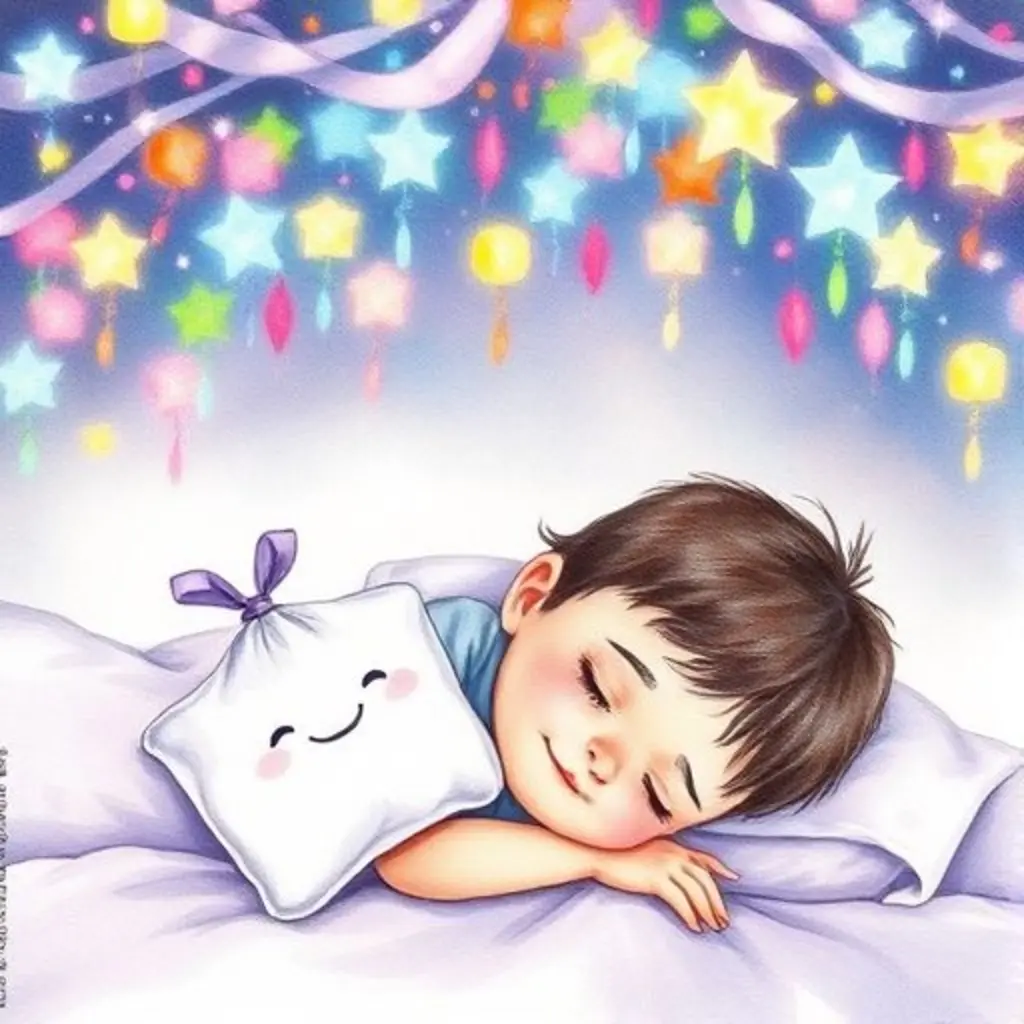 Un niño sonríe dormido bajo un dosel mágico de sueños luminosos, con Sueñito cerca.