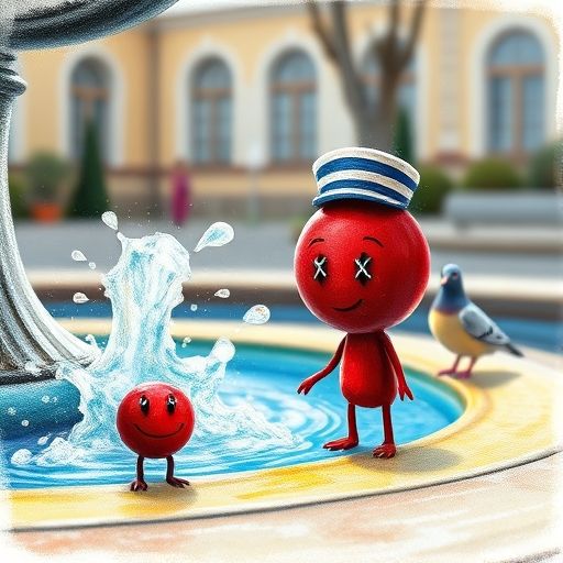 Gulú, el botón, cerca de la fuente con una expresión nerviosa, mientras un pato despistado salpica agua sobre él.