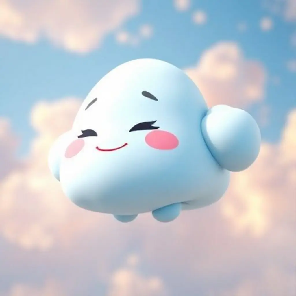 Rolo, una nube azul claro muy esponjosa, sonríe mientras flota en un cielo de colores.