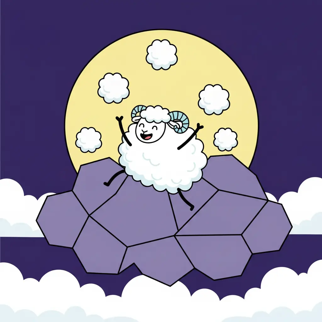 La ovejita Puff atrapando copos de lana blanca que flotan en el cielo nocturno.