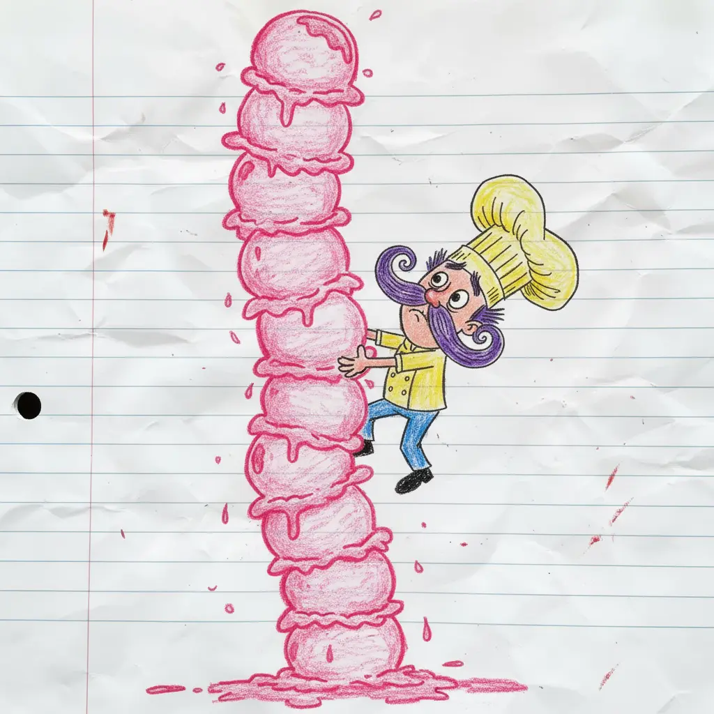 Humberto trepa por una torre altísima de bochas de helado rosa usando sus manos y pies.