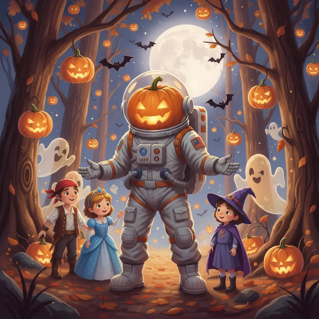 Leo, el astronauta-calabaza, emocionado al inicio de un sendero decorado, con niños disfrazados de pirata, princesa y bruja esperando el desfile al atardecer mágico.