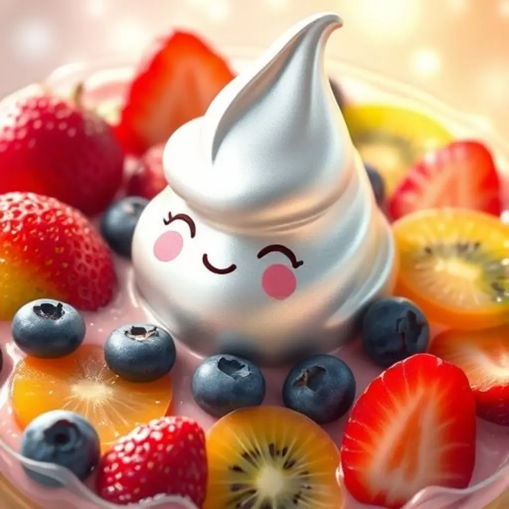 Dulce Giro descansa felizmente en un postre de frutas brillantes, rodeada de colores intensos.