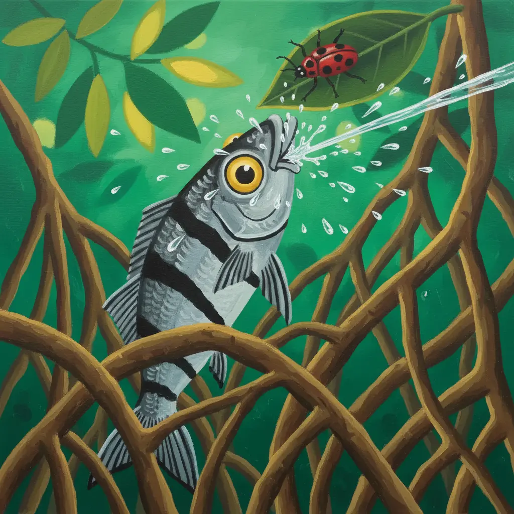 Un chorro de agua sale de la boca del pez y golpea a un escarabajo rojo en una hoja.