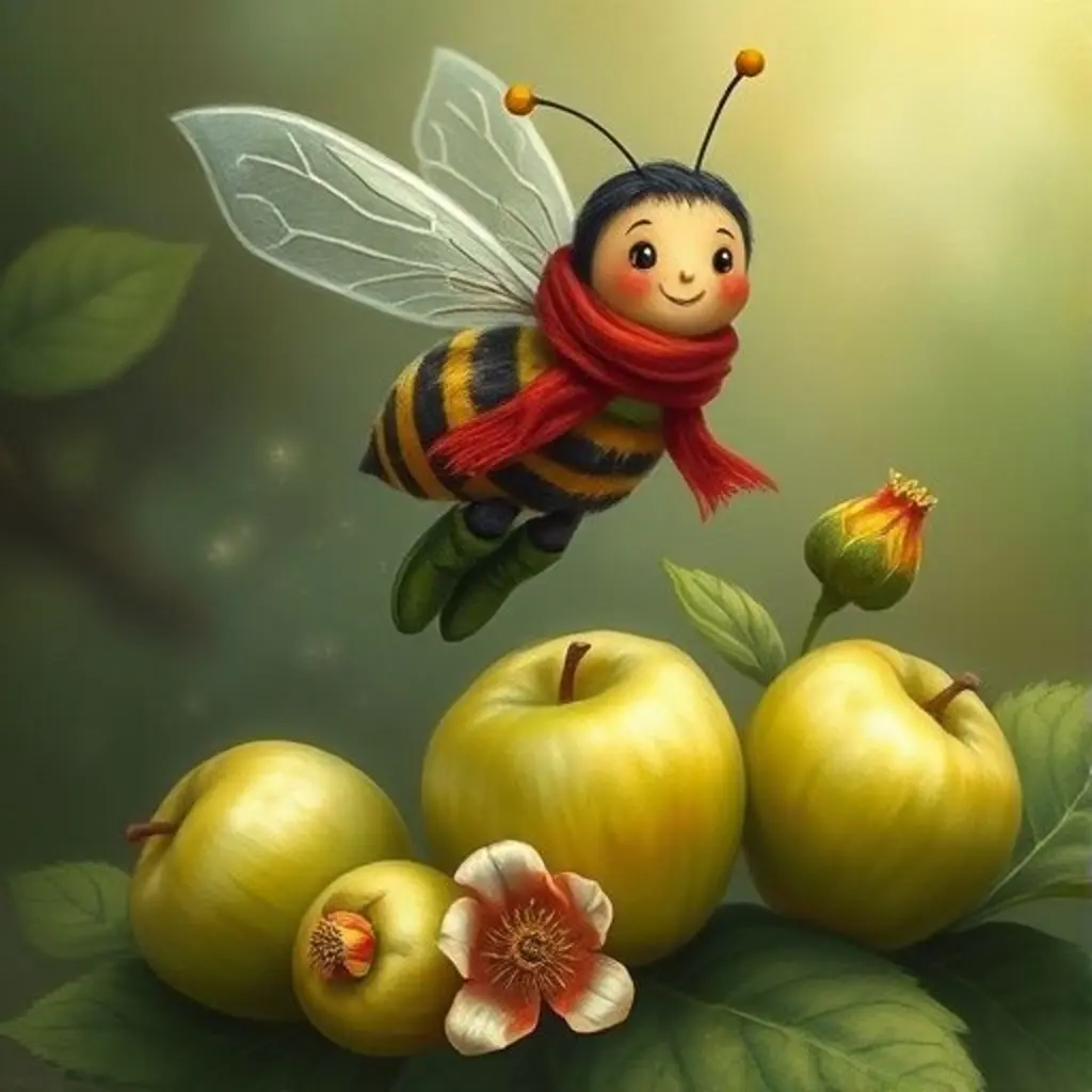 Zumbí hace su melodía cerca de manzanas y flores.