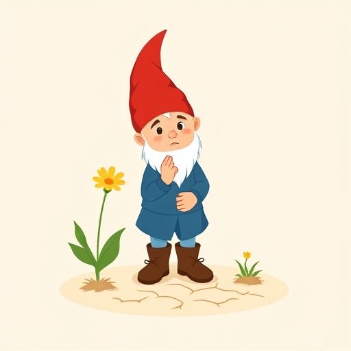 Gnomín sopla otra flor y la nube de sombra muestra tierra seca.