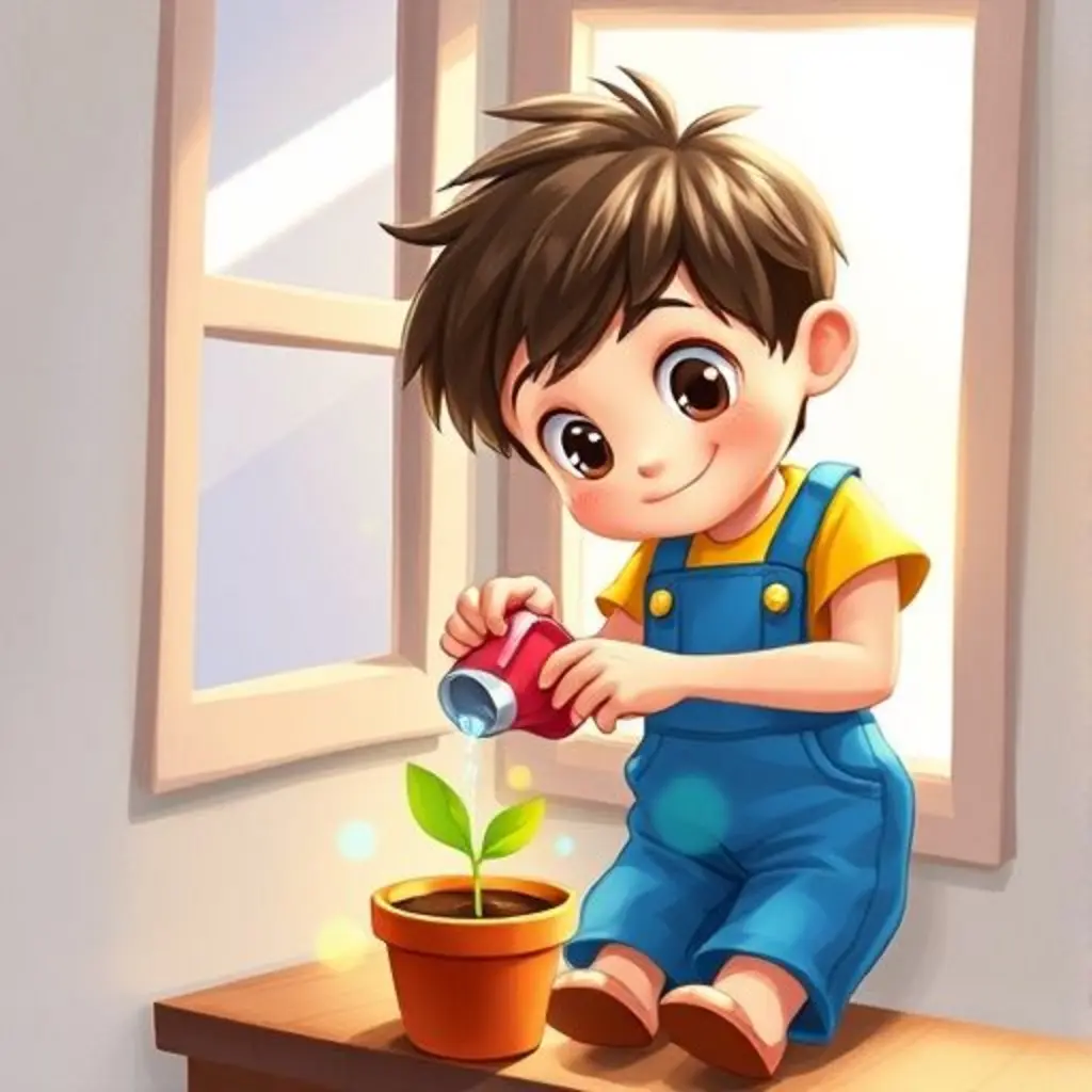 Pedrito regando una pequeña planta mágica en una maceta.