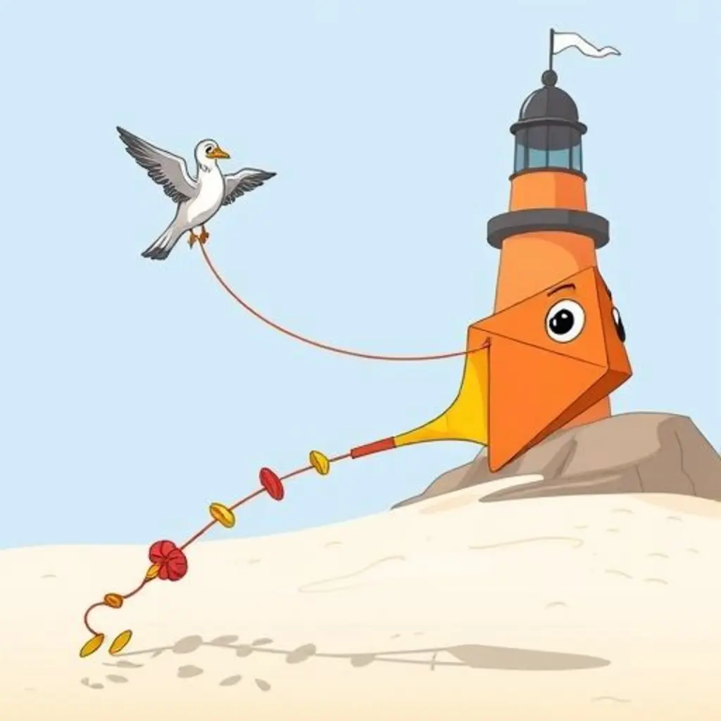 Nuditos, una cometa colorida, rasguña la arena mientras Gaviotín la observa desde un faro.