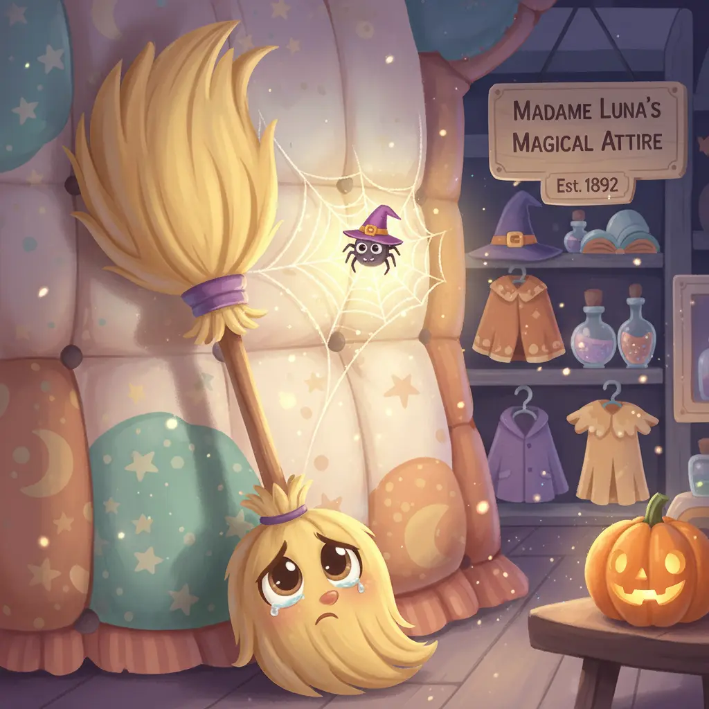 Una escoba triste en una tienda de disfraces, observada por una araña con sombrero.