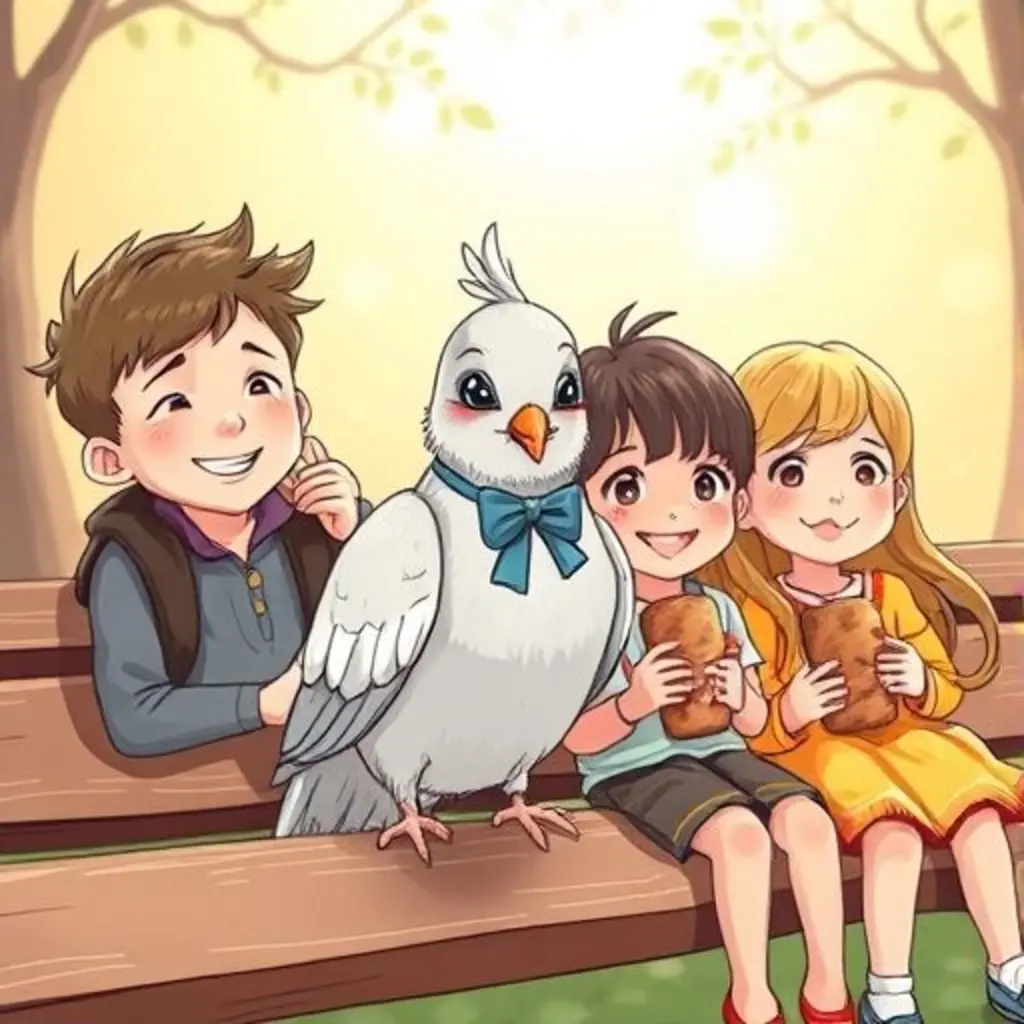 Pichona comparte un banco con niños sonrientes que meriendan juntos.