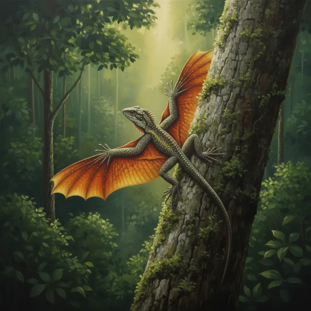 El lagarto aterrizando en otro árbol y cerrando sus alas naranjas para ocultarse de nuevo.