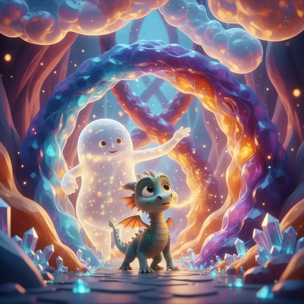 Dentro del pasaje, Chispita observa cómo los colores elásticos forman nuevas figuras, invitado por un ser juguetón.