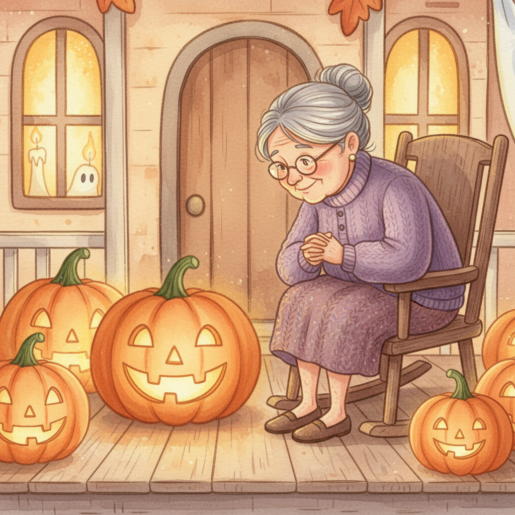 Pipo, la calabaza, feliz con su nueva y brillante sonrisa tallada por la abuela, rodeado de luces de Halloween en el porche.