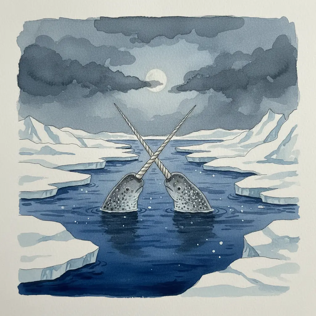 Dos narvales cruzando sus largos colmillos sobre la superficie del mar ártico.