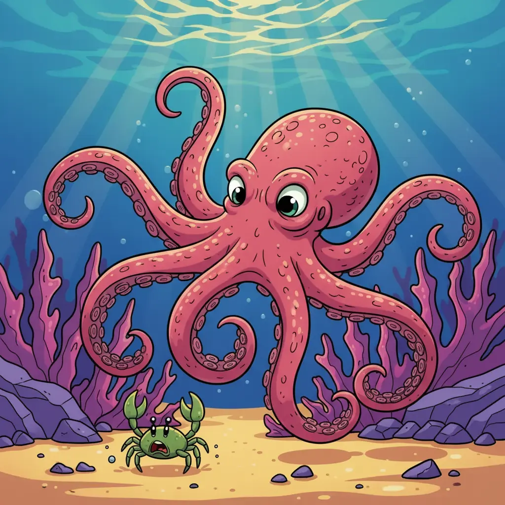 El pulpo se vuelve de color rojo brillante y atrapa a un cangrejo con sus tentáculos.