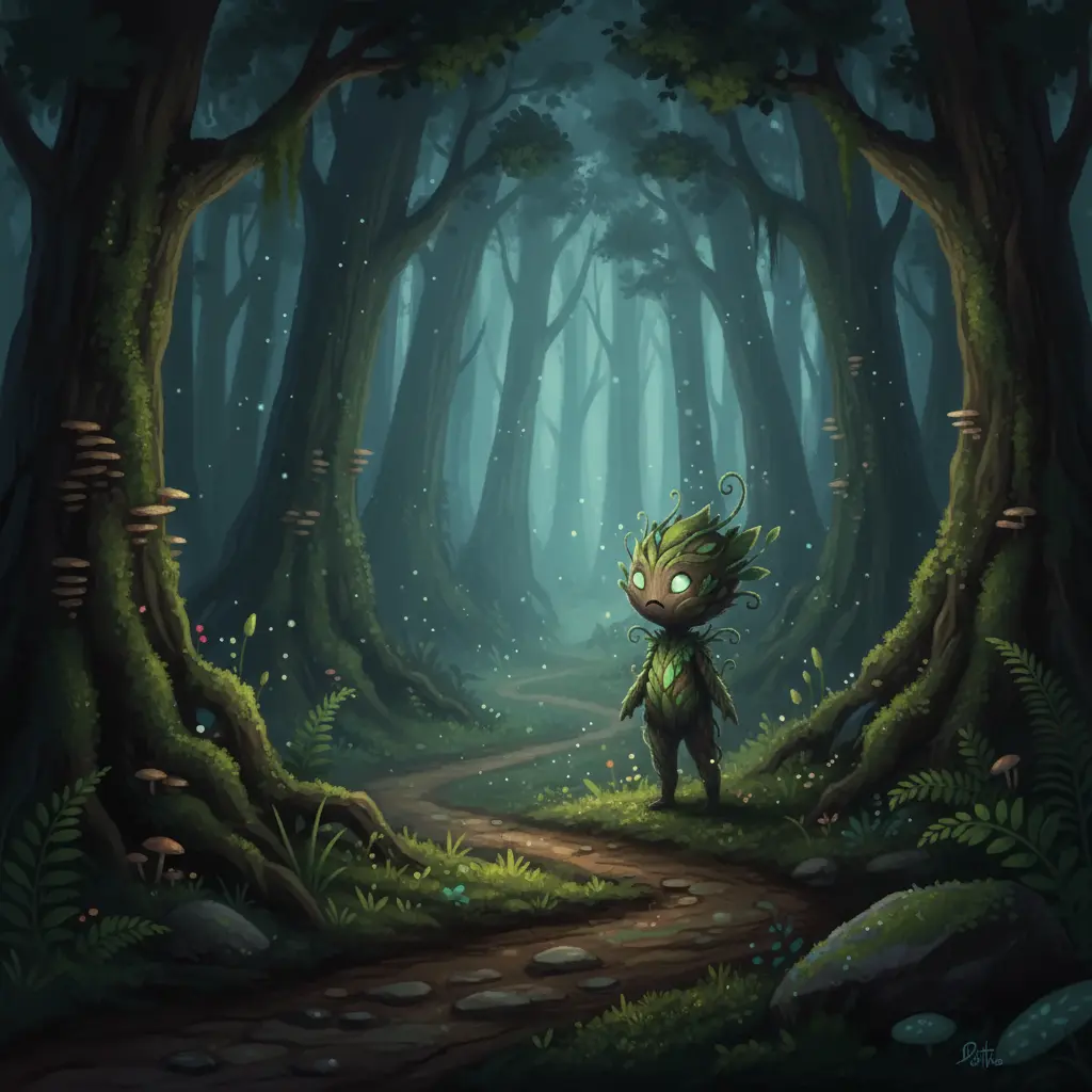 Un pequeño espíritu de hojas y musgo se siente perdido en un bosque oscuro y misterioso, con caminos que se mueven solos.