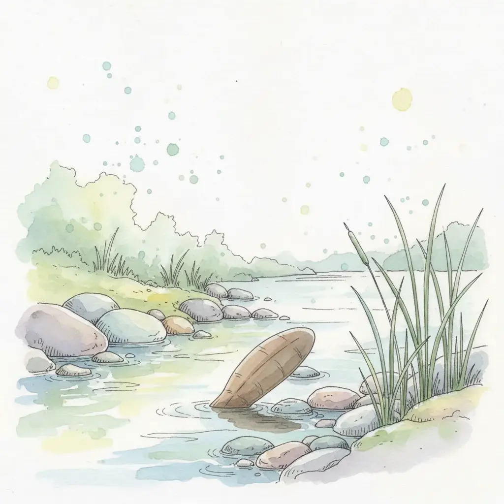 Una cola ancha y aplanada asoma entre las piedras de un río, el resto está en sombras.