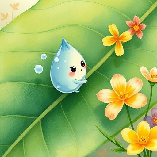 Gota Brillante, una gotita de lluvia clara con una carita feliz, en una hoja verde, tocando una flor amarilla.