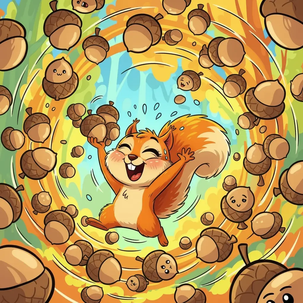 Chispita atrapa algunas bellotas, agotada pero feliz, mientras las demás siguen bailando.