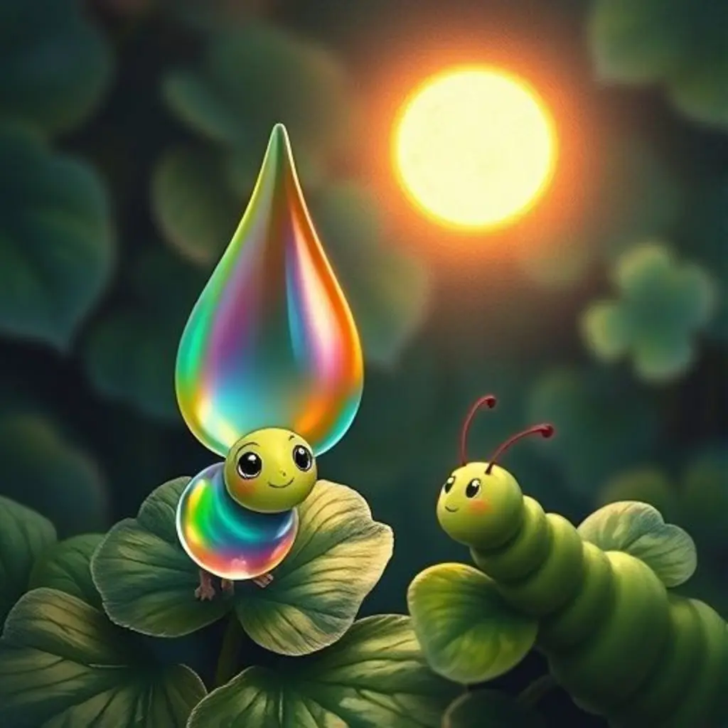 Zzz, ahora un arcoíris diminuto, reflejándose en una hoja mientras una oruga amigable la mira.