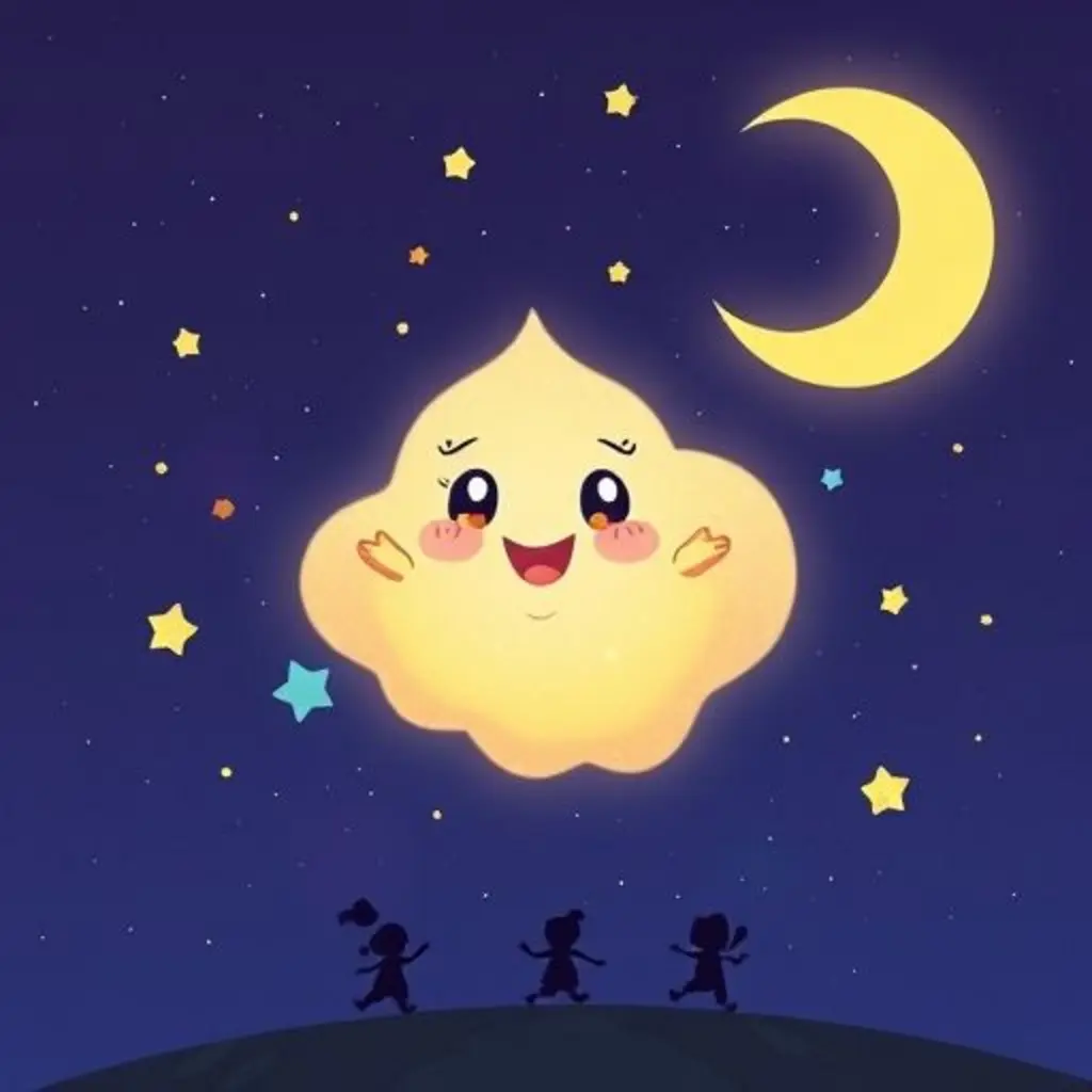 Chispa Estelar, una nube de polvo de estrellas, flota feliz cerca de la Luna, brillando con colores suaves.