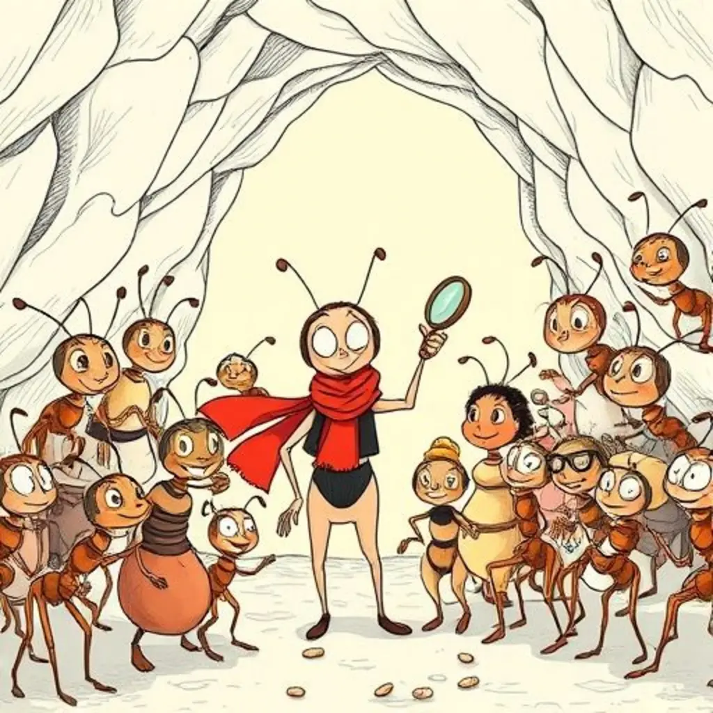 Mía y sus amigas hormigas celebran el descubrimiento de un nuevo pasadizo.