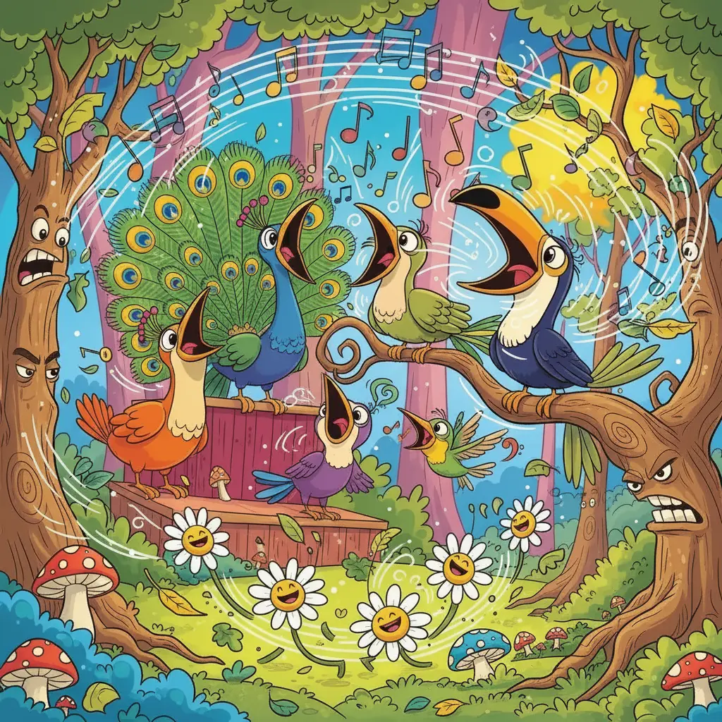 Los pájaros cantan con sus bocas gigantes, y las flores cercanas comienzan a tambalearse y bailar fuera de sus tallos.