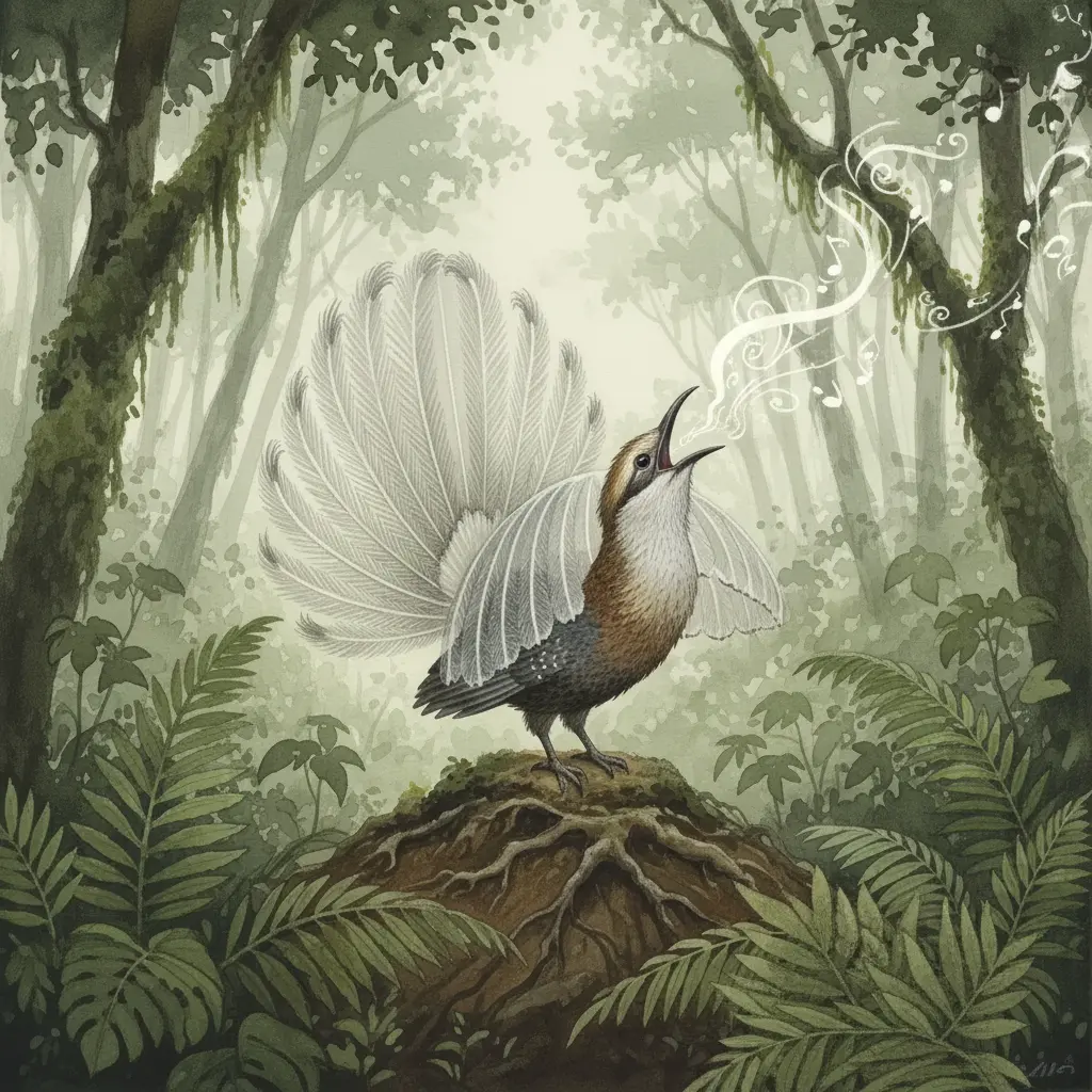 Primer plano del ave lira con el pico abierto cantando entre la niebla del bosque.