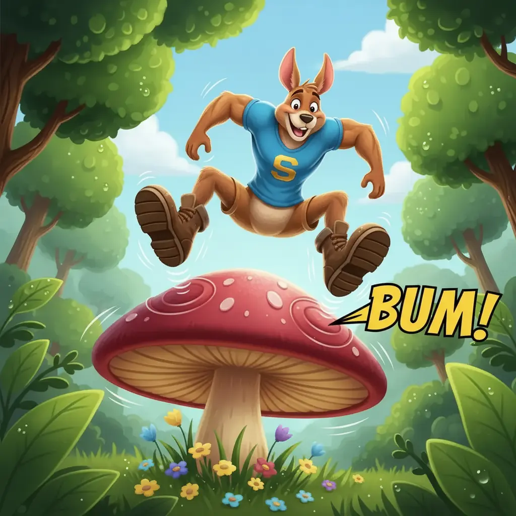 Saltarín aterriza con un fuerte '¡BUM!' sobre una seta gigante y elástica.