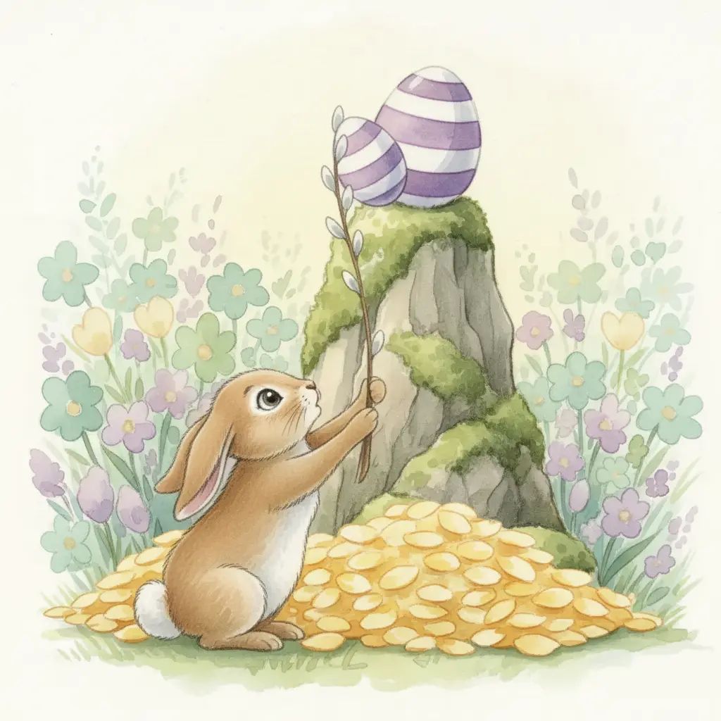 Lola empuja el huevo con una rama hacia el colchón de pétalos.