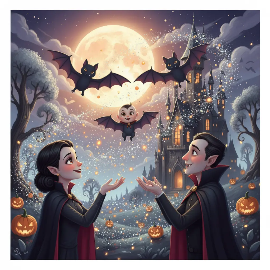 Lucarn y sus padres vuelan juntos como murciélagos en la noche mágica.