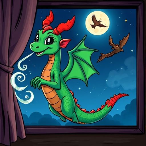 Airela sopla corrientes de aire mágico que elevan a un búho, una golondrina y un murciélago en el cielo nocturno.