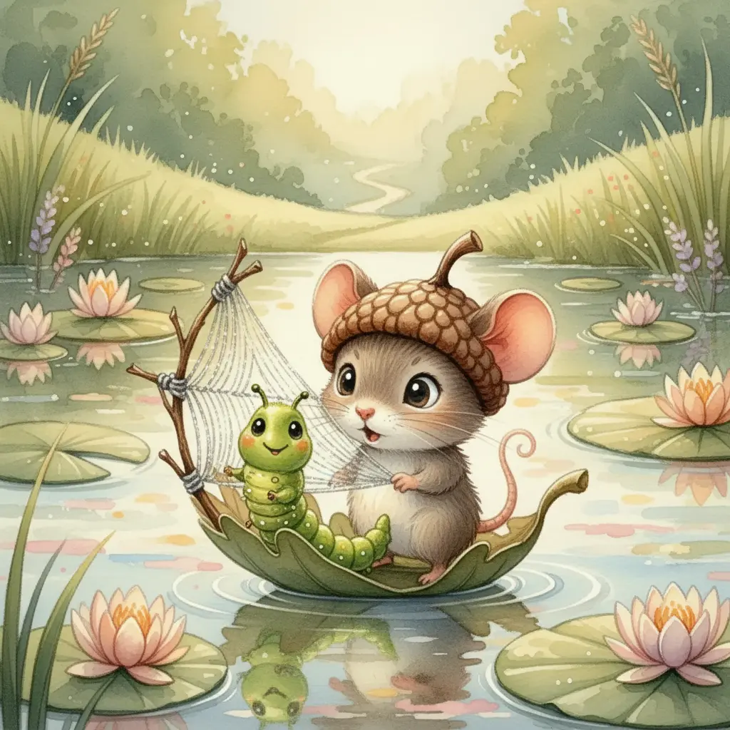 Cati, la oruga, tejiendo una vela de seda en el barquito de Roco, quien la mira asombrado.