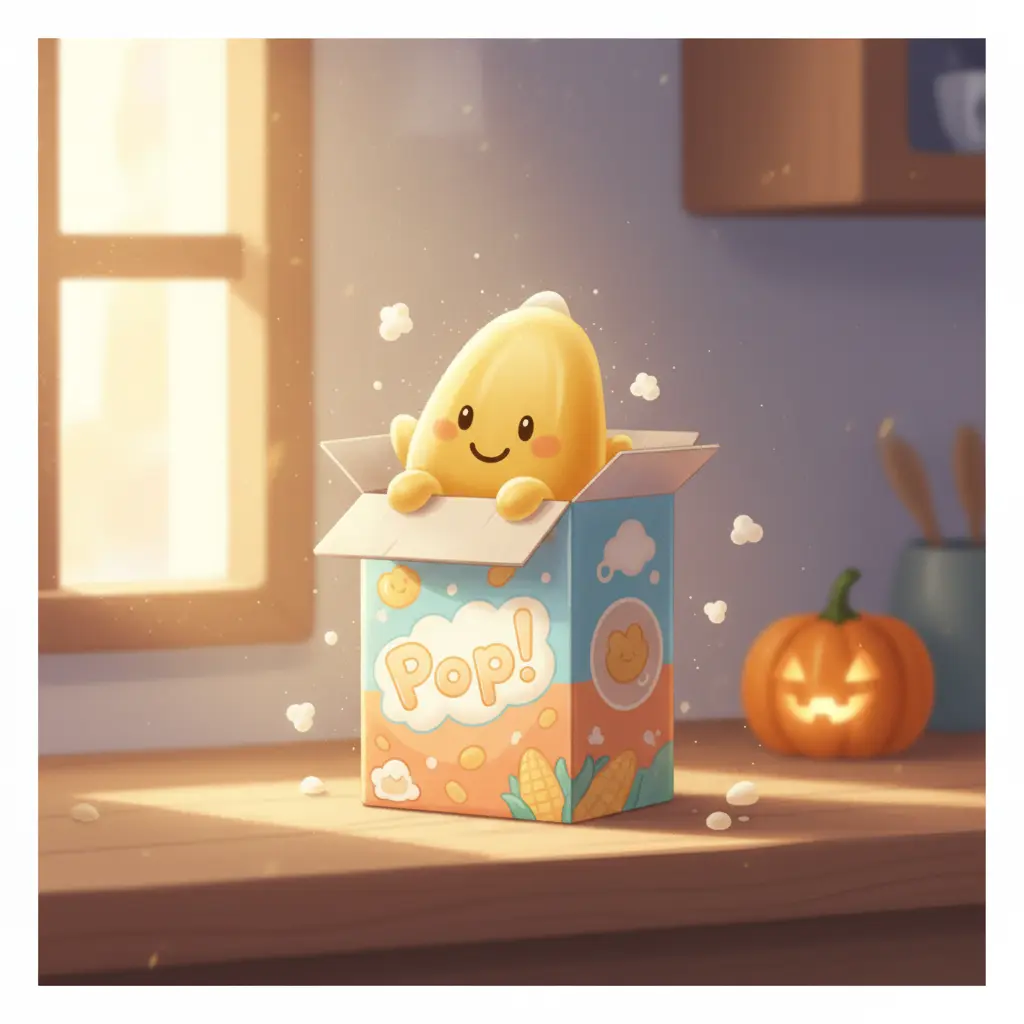 Pepita de Maíz dentro de una caja de cereales en una cocina acogedora.